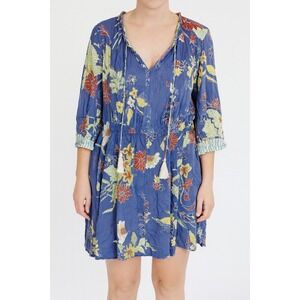 Tribal Femme Floral Print Dress Ruffle Trim‎ Tie Neck Long Sleeve Petite Small